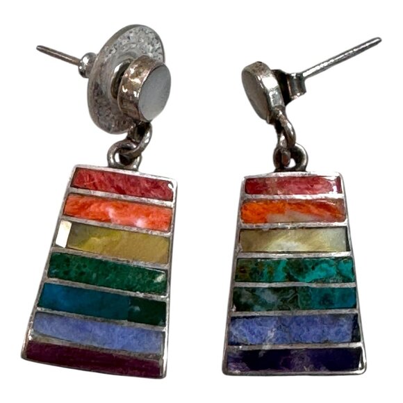 Peru Peruvian Flag Rainbow Gemstone Inlay Sterling Silver 950 Drop Earrings VTG - Picture 3 of 7